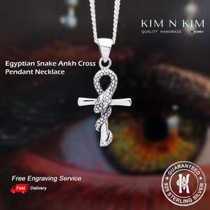 Egyptian Snake Ankh Cross Pendant Necklace /Ankh Cross /Free Engraving /Solid 925 Sterling Silver /Quality-KimnKim