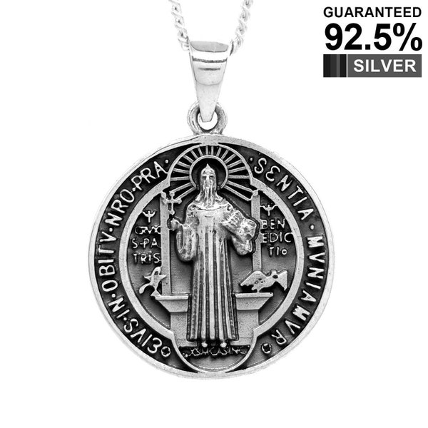 925 Sterling Silber St. Benedikt Schutz Medaille Anhänger Halskette / doppelseitig / massiv / Qualität - KIMNKIM