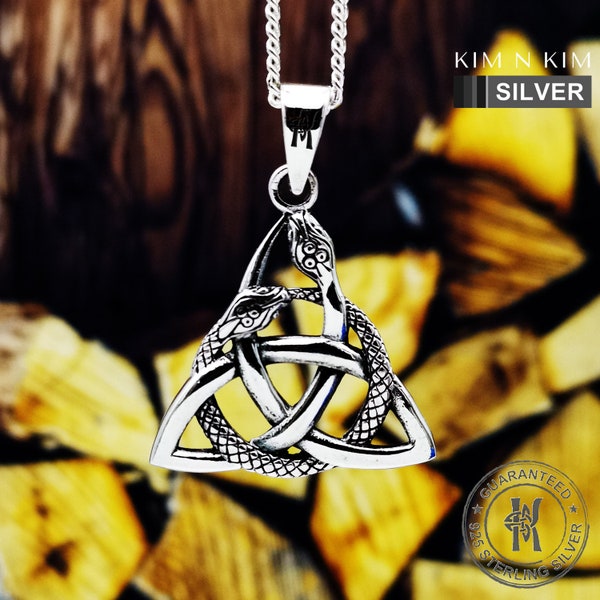 Collier pendentif celtique entrelacé de serpent Triquetra Trinity Knot / Argent massif 925 / Qualité - KimnKim