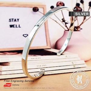 Free Engraving - 925 Sterling Silver Cuff Open Bangle Bracelet / 4mm / Mens / Womens / Solid / Quality / UK Seller - KimnKim