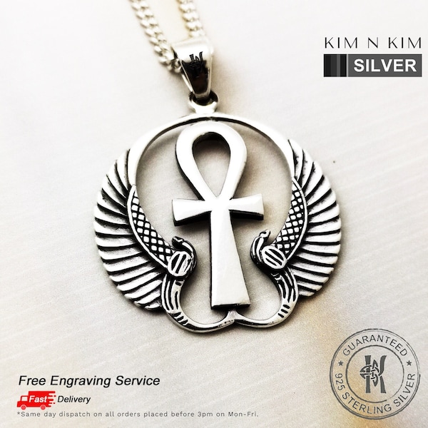 Ankh Cross with Protective Wings of Isis Pendant Necklace /Personalised /925 Solid Sterling Silver /Quality - KIMNKIM