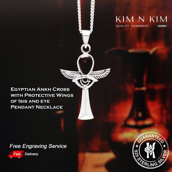 Egyptian Ankh Cross with Protective Wings of Isis and Eye Pendant Necklace /Free Engraving /Solid 925 Sterling Silver /Quality-KIMNKIM