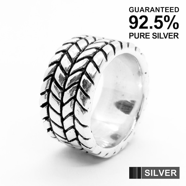 925 Sterling Silver Men's Tyre Tread Band Ring(12mm) / Tire / Oxidised / Solid / Quality - KimnKim