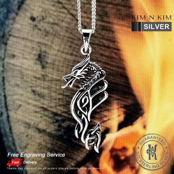 Celtic Dragon Pendant Necklace / Free Engraving / Solid 925 Sterling Silver / Quality - KimnKim