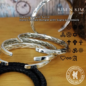 Silver Mens Bangle Bracelet, Personalised Sign Symbol Bangle Bracelet, Braided Bracelet, Religious Gift, Birthday Gift - KIMNKIM