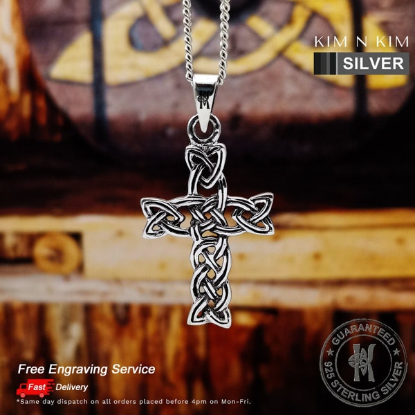 Collier pendentif croix celtique entrelacée / Croix de noeud celtique / Gravure gratuite /Argent massif 925 / Qualité - KIMNKIM
