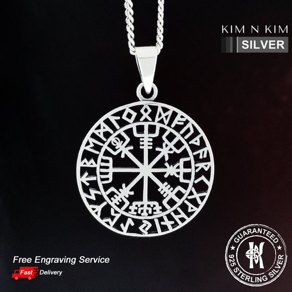 Helm of Awe Vegvisir Norse Viking Compass Rune Pendant Necklace / Free Engraving / Solid 925 Sterling Silver / Quality - KIMNKIM