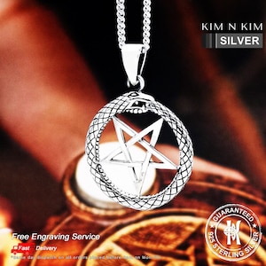 Ouroboros Snake Inverted Pentacle Pentagram Pendant Necklace / Star / Free Engraving / 925 Sterling Silver / Solid / Quality KimnKim image 1