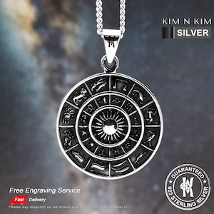 Silver Astrological Wheel with Zodiac Signs Pendant Necklace, Zodiac Signs Pendant, Astrological Wheel Necklace, Horoscope Pendant-KIMNKIM