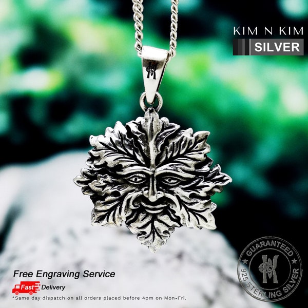 Green Man Pendant Necklace / Wiccan Pagan / Witch Druid / Free Engraving / 925 Silver / Quality- KimnKim