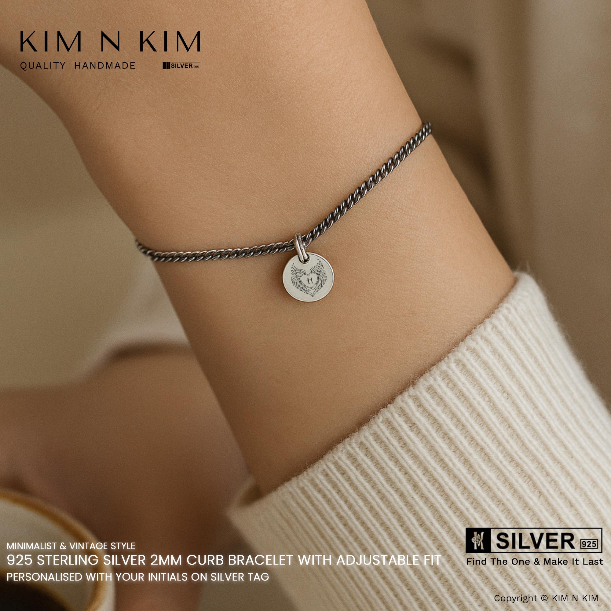 Oxidized Sterling Silver Initial Charm Bracelet: Adjustable Curb 