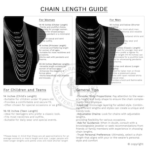 Puede incluir: Una gu&iacute;a de tallas de cadenas con texto, que detalla las longitudes de los collares para mujeres, hombres y adolescentes. Las medidas est&aacute;n en pulgadas, de 14 a 26+ pulgadas, con descripciones de estilos gargantilla, princesa y matin&eacute;. Se incluye asesoramiento general.