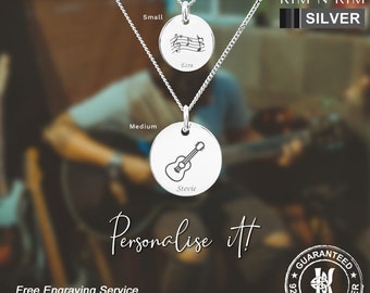 Music Instrument Disc Pendant Necklace /Guitar, Trumpet, Drum, Piano *Huge Choice* /Solid 925 Silver /Free Engraving Service/Quality-KIMNKIM