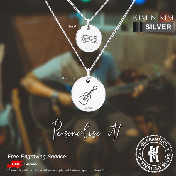 Music Instrument Disc Pendant Necklace /Guitar, Trumpet, Drum, Piano *Huge Choice* /Solid 925 Silver /Free Engraving Service/Quality-KIMNKIM