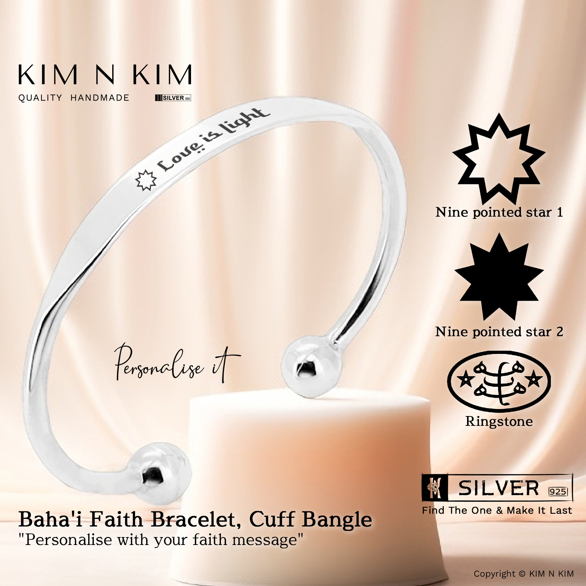 Sterling Silver Baha'i Star Bangle Bracelet: Unisex Cuff Jewelry