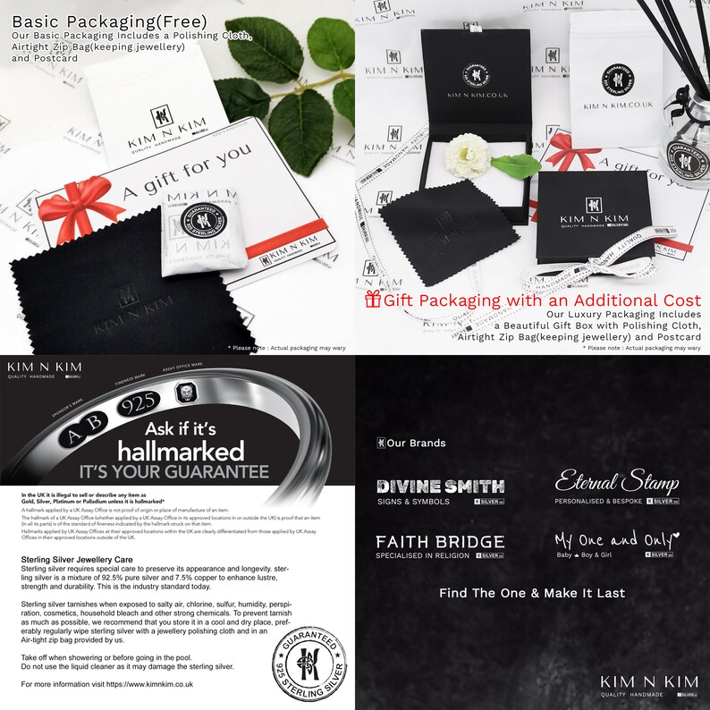 May include: A black and white image showing two different packaging options for jewelry. The first option is a basic packaging that includes a polishing cloth, airtight zip bag, and postcard. The second option is a gift packaging that includes a beautiful gift box, polishing cloth, airtight zip bag, and postcard. The image also includes information about the company's brands and sterling silver jewelry care.