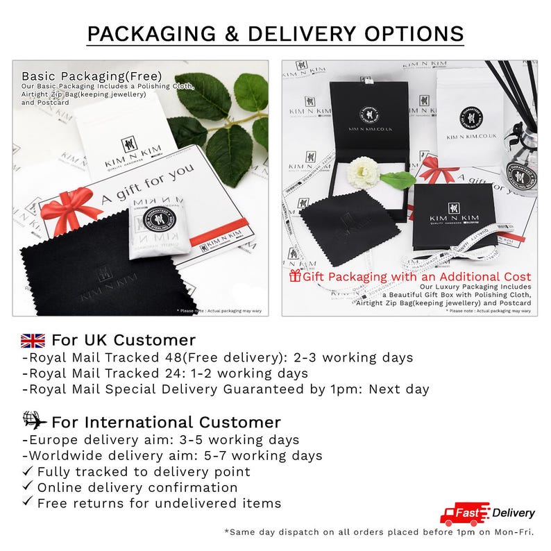 May include: A comparison of two packaging options for jewelry. The basic packaging includes a polishing cloth, airtight zip bag, and postcard. The gift packaging includes a gift box, polishing cloth, airtight zip bag, and postcard. The text on the image reads "Basic Packaging (Free)" and "Gift Packaging with an Additional Cost".