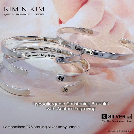Personalised Baby Bracelet – 925 Silver Cuff Bangle With Icon