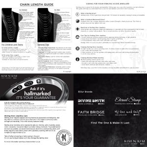 May include: A guide to chain lengths for necklaces, with illustrations of different lengths for women, men, and children. The guide also includes tips on caring for sterling silver jewelry, including cleaning and storage instructions. The text includes the phrase "Ask if it's hallmarked, it's your guarantee".