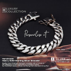 Personalised Silver Bracelet, Heavy Bracelet Silver,10mm 12mm 15mm Curb Bracelet, Full UK Hallmark, Quality Handmade, Gift for him - KIMKIM