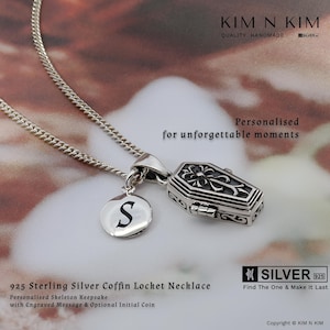 925 Sterling Silver Coffin Locket Necklace – Personalised Skeleton Keepsake with Engraved Message & Optional Initial Coin Gift