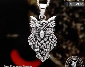 Sterling Silver Celtic Owl Pendant Necklace, Handmade Bird Jewelry