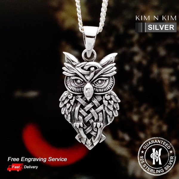 Collier à pendentif hibou celtique / Viking / Personnalisé / Argent sterling massif 925 / Qualité - KimnKim