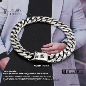 Personalised Men&#39;s Bracelet, Men&#39;s Silver Heavy Curb Bracelet,Chunky Silver bracelet 10mm,Full UK Hallmark,Father&#39;s Day Gift for him-KIMNKIM