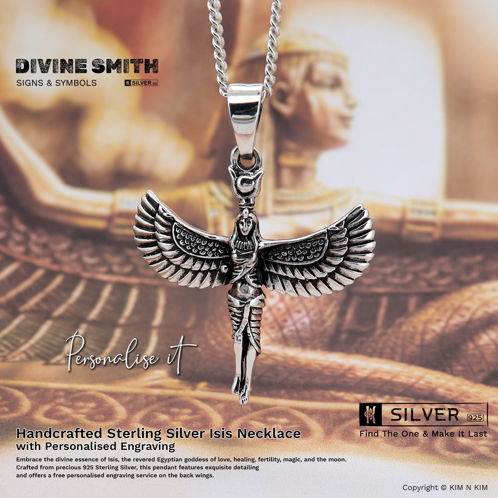 Silver Winged Goddess Isis Necklace, Isis Pendant, Goddess Isis