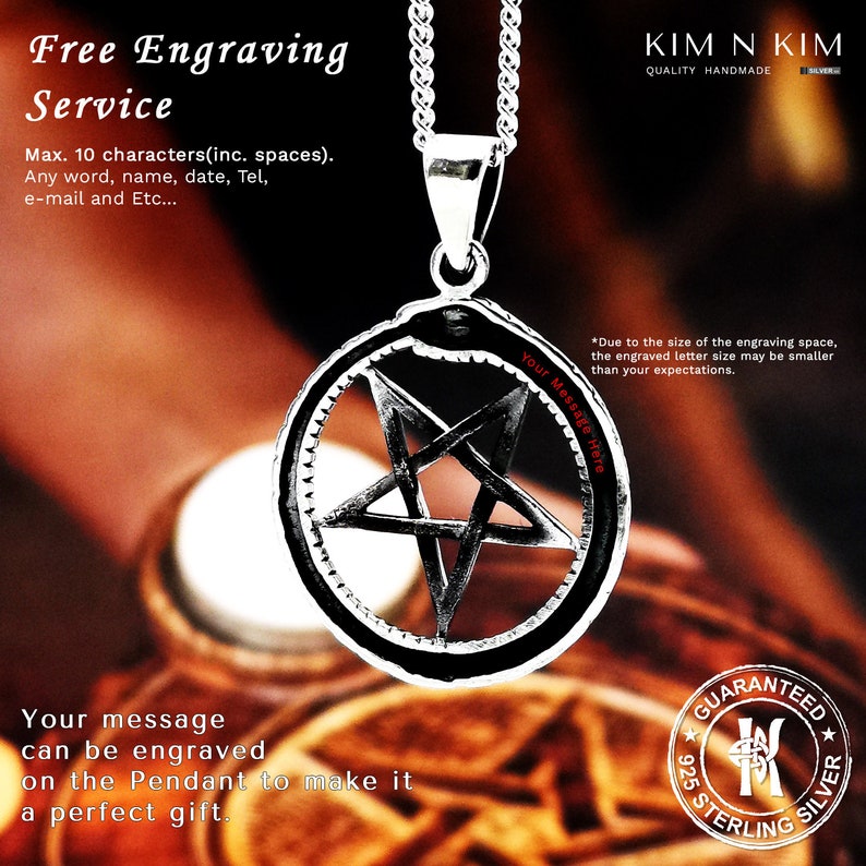 Ouroboros Snake Inverted Pentacle Pentagram Pendant Necklace / Star / Free Engraving / 925 Sterling Silver / Solid / Quality KimnKim image 2