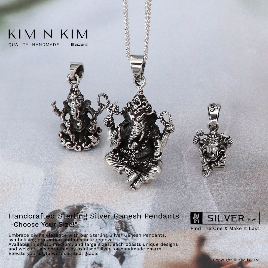 Sterling Silver Lord Ganesha Pendant - 925 Silver Hindu Elephant God Necklace, Handcrafted, Gift Box, Made In USA