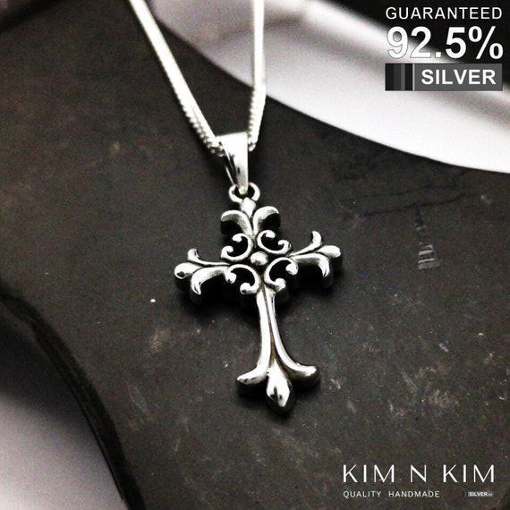 Oxidized Sterling Silver Fleur De Lys Cross Pendant Necklace