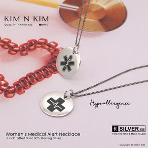 Hypoallergenic Women&#39;s Medical Alert Necklace, Quality Handmade Solid 925 Sterling Silver with Free Personalisation - KIMNKIM