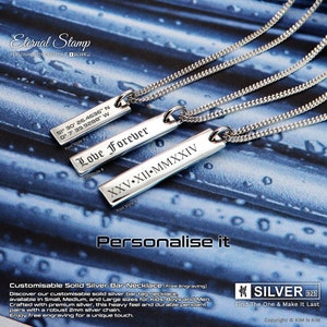 Personalised Sterling Silver Bar Necklace—Engraved Name, Date, Coordinates, Roman Numerals, Custom Gift for Men & Women, Birthdays—KIMNKIM