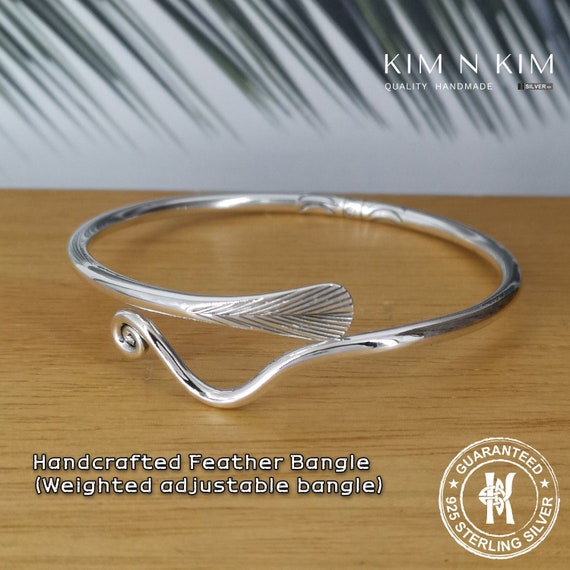 Handmade Sterling Silver Feather Bangle Bracelet: Tribal Wave