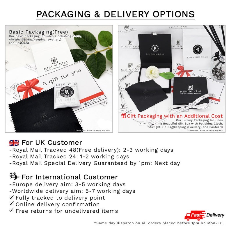 Puede incluir: Imagen que muestra opciones de embalaje para joyas. El embalaje b&aacute;sico incluye un pa&ntilde;o de pulido, una bolsa con cierre herm&eacute;tico y una postal. El embalaje de regalo, disponible con un coste adicional, incluye una caja de regalo, un pa&ntilde;o de pulido y una postal. El texto dice "Opciones de embalaje y entrega".