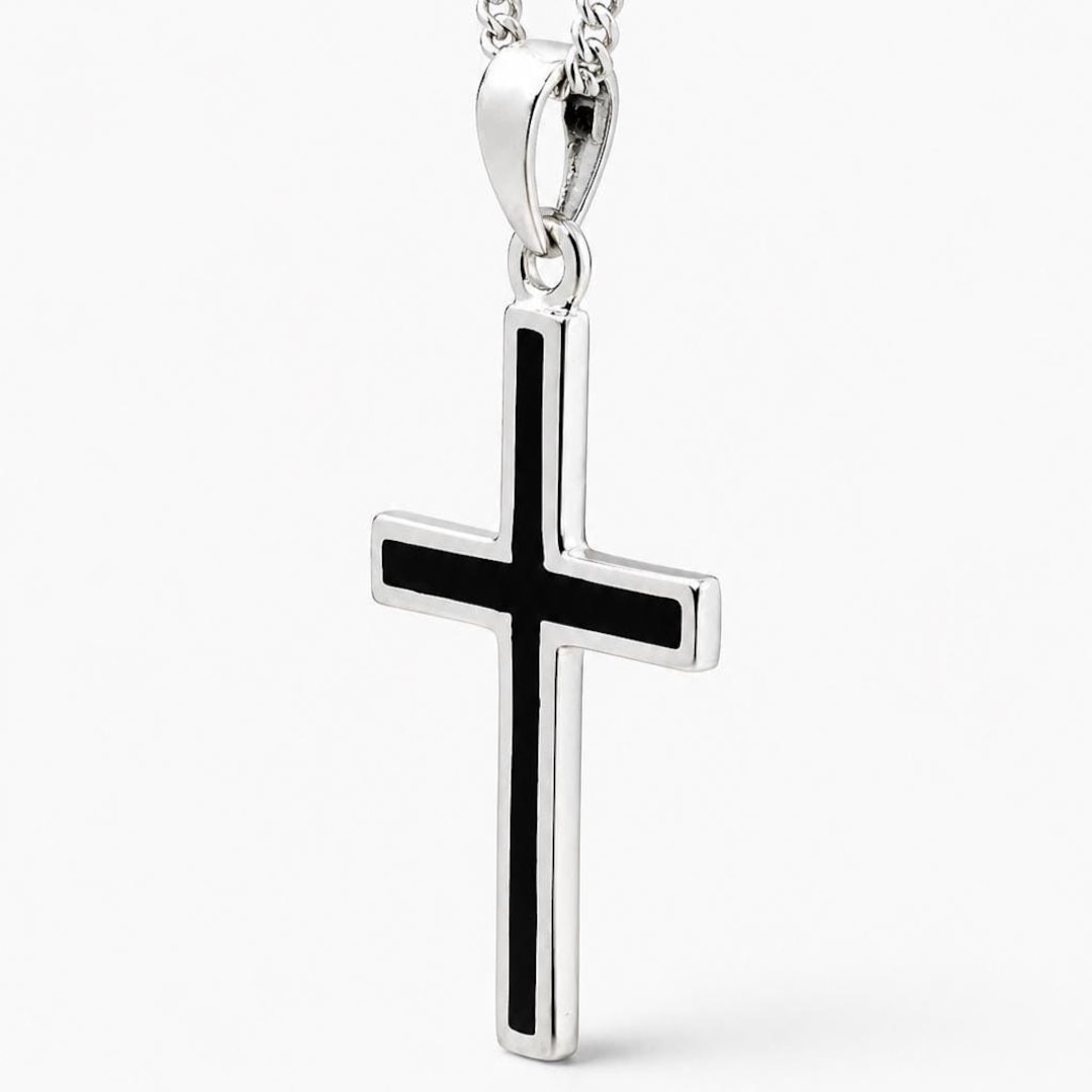 Black Enamel Sterling Silver Cross Necklace: Handcrafted, Free