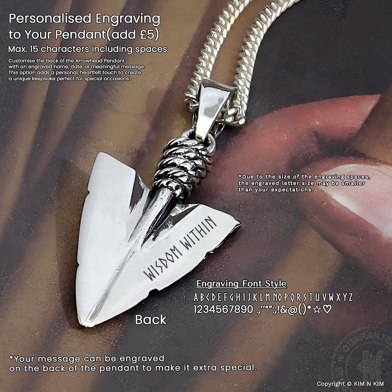 May include: A silver-toned arrowhead pendant on a matching chain. The pendant features a textured, rope-like bail and the engraved text WISDOM WITHIN on its surface. A chart displays available engraving font styles including letters and symbols.