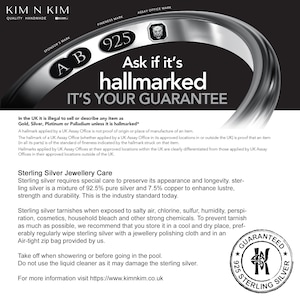 May include: A silver ring band featuring engraved hallmarks including AB, 925, and a leopard head symbol. The text reads: Ask if it's hallmarked IT'S YOUR GUARANTEE. Below is information on sterling silver jewellery care and a circular logo.