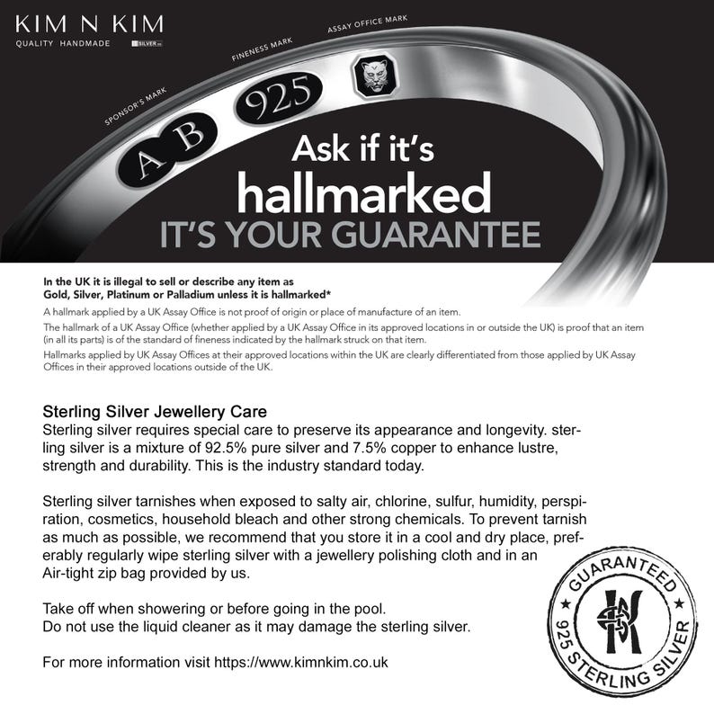 May include: A silver ring band featuring engraved hallmarks including AB, 925, and a leopard head symbol. The text reads: Ask if it's hallmarked IT'S YOUR GUARANTEE. Below is information on sterling silver jewellery care and a circular logo.