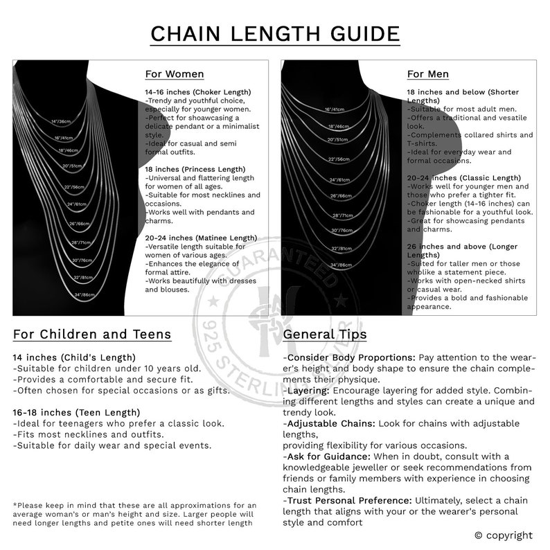 May include: A chart with a guide to chain lengths for women, men, and children. The chart includes different chain lengths in inches and their corresponding names, such as choker, princess, and matinee. It also provides tips on choosing the right chain length based on body proportions, personal preference, and occasion.