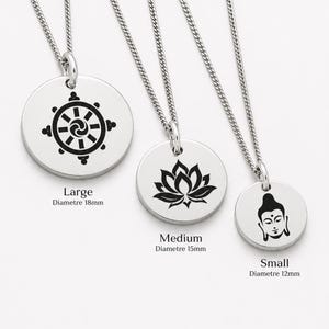 Sterling Silver Buddhist Necklace: Wheel of Dharma, Lotus, Shakyamuni