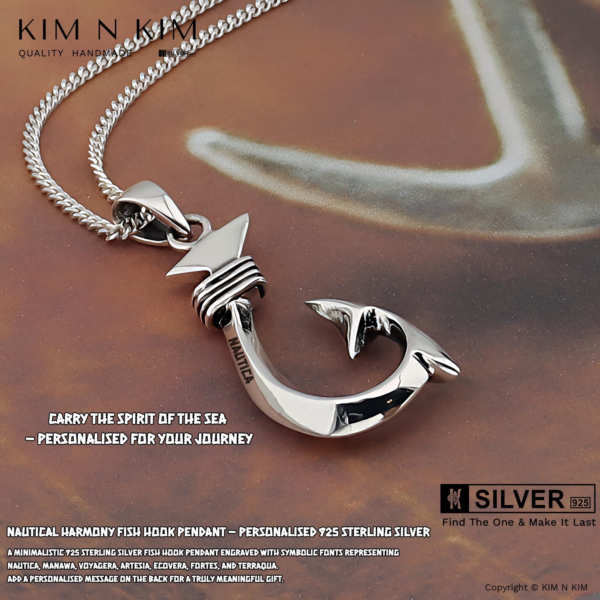 Sterling Silver Fish Hook Pendant Necklace: Nautical Jewelry Gift