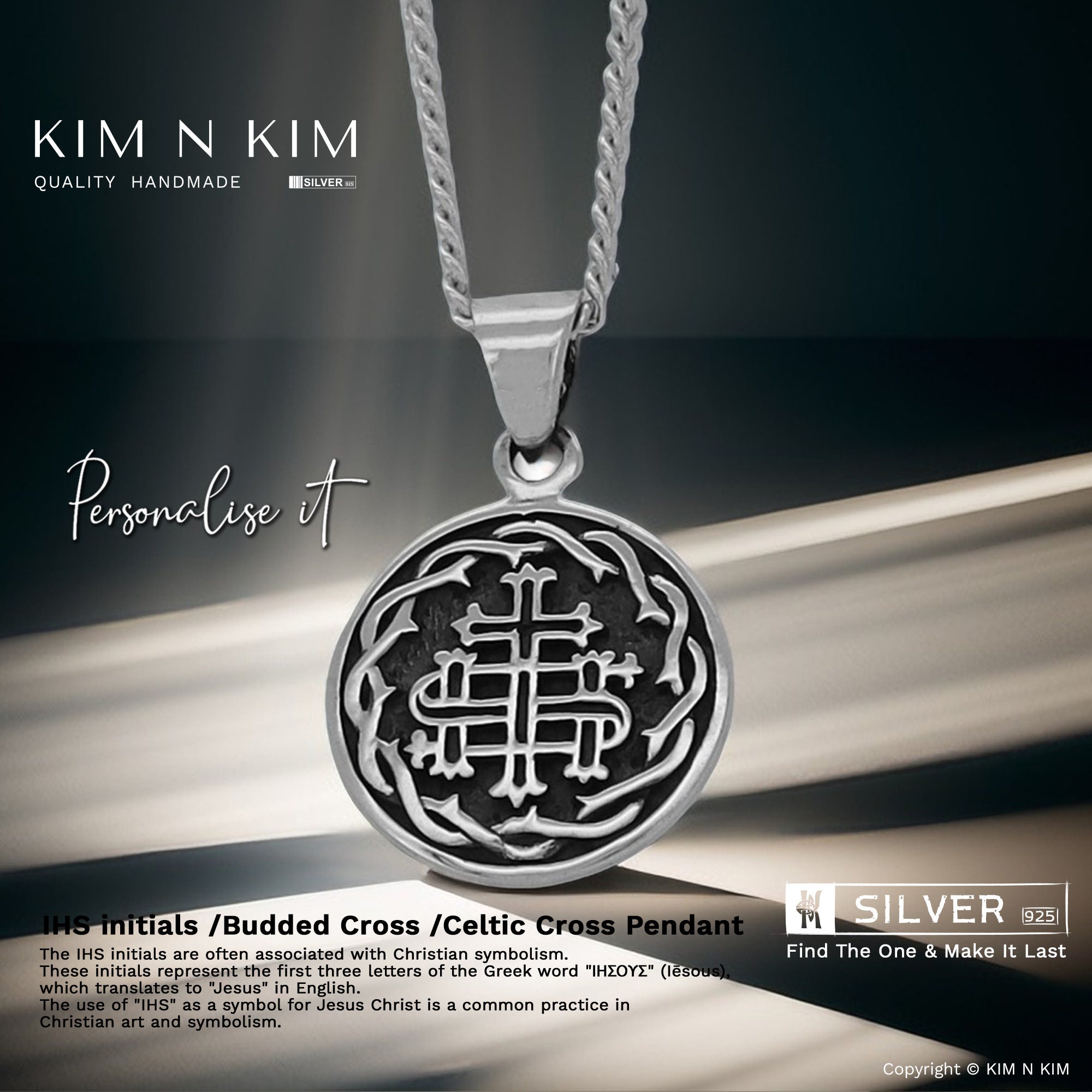 IHS Initials Sterling Silver Pendant: Budded Cross Religious