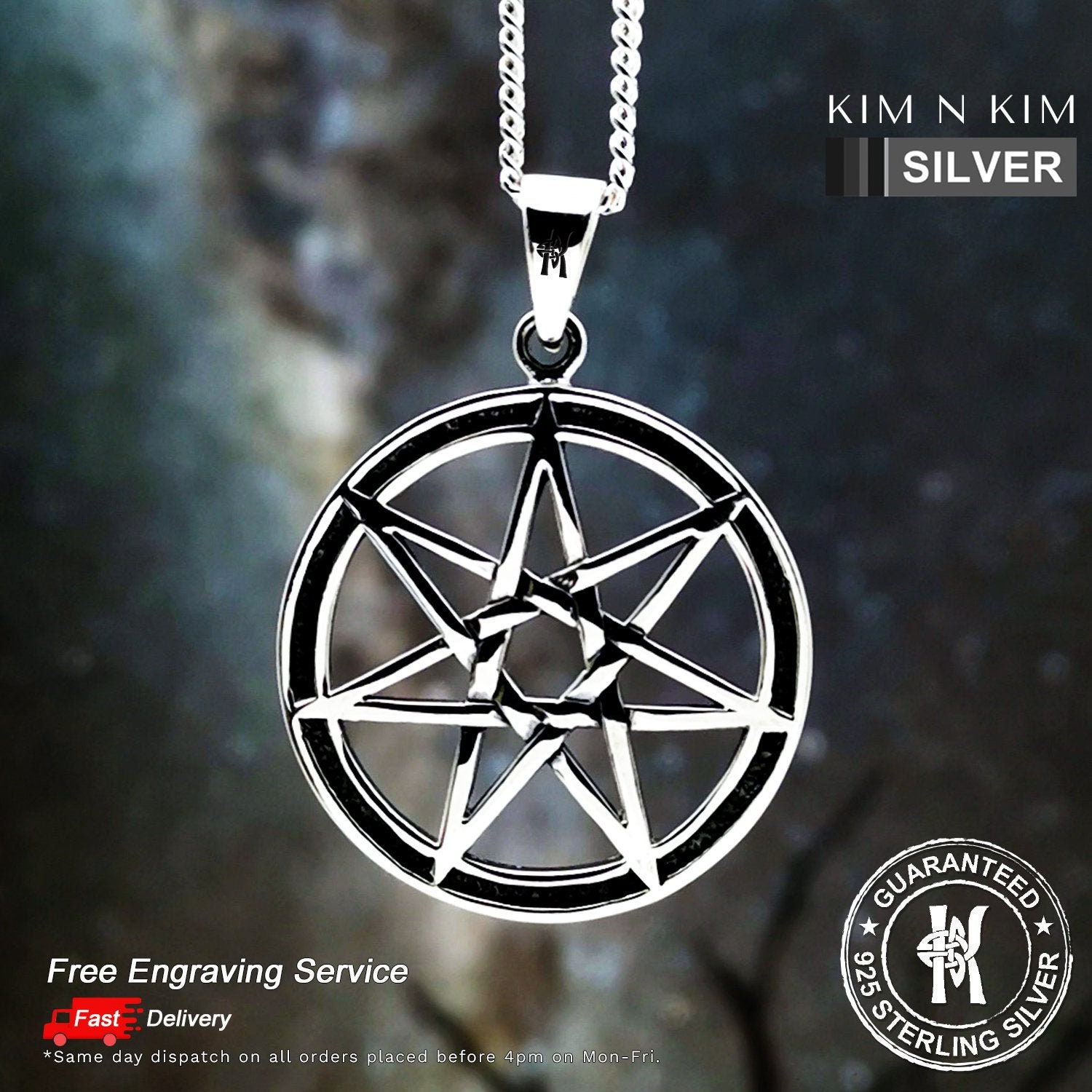 Silver Heptagram Elven Star Pendant Necklace, Septagram Silver Heptagram Elven Star Pendant Necklace, Septagram