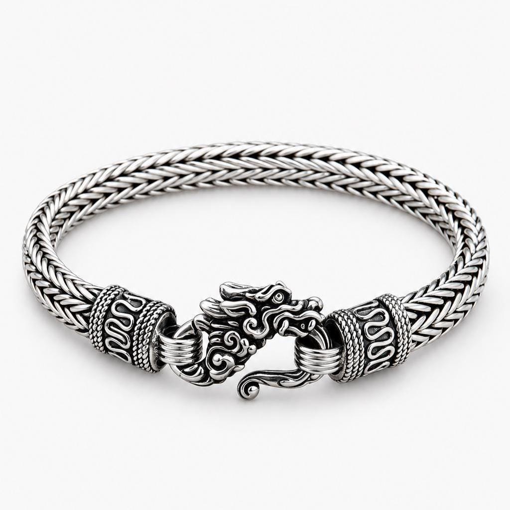 Handmade Sterling Silver Dragon Bracelet: Snake Weave Viking Style
