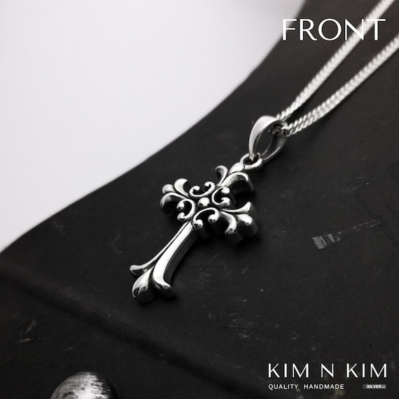 Oxidized Sterling Silver Fleur De Lys Cross Pendant Necklace