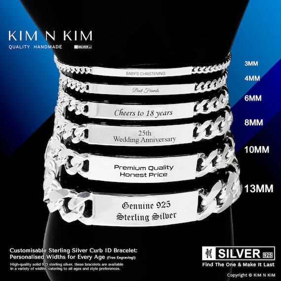 Personalised Sterling Silver ID Bracelet, UK Hallmarked 925, Premium Quality Engraved Gift for Him Her, Hand-finished in London, Custom