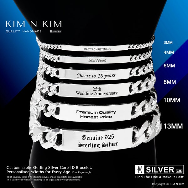 Silver ID Bracelet, Mens Bracelet, ID Bracelet for Women, ID Bracelet for Kids, Personalised Bracelet, Medical Alert Bracelet-Free Engraving
