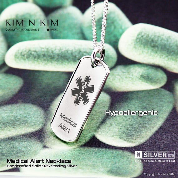 Sterling Silver Medical Alert Dog Tag Necklace: Engraved Emergency